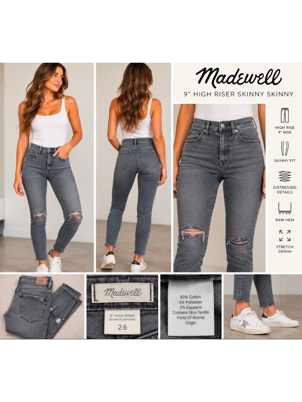 Madewell 9" High Riser Skinny Skinny Jeans 26 Gray Distressed Ripped Raw Hem